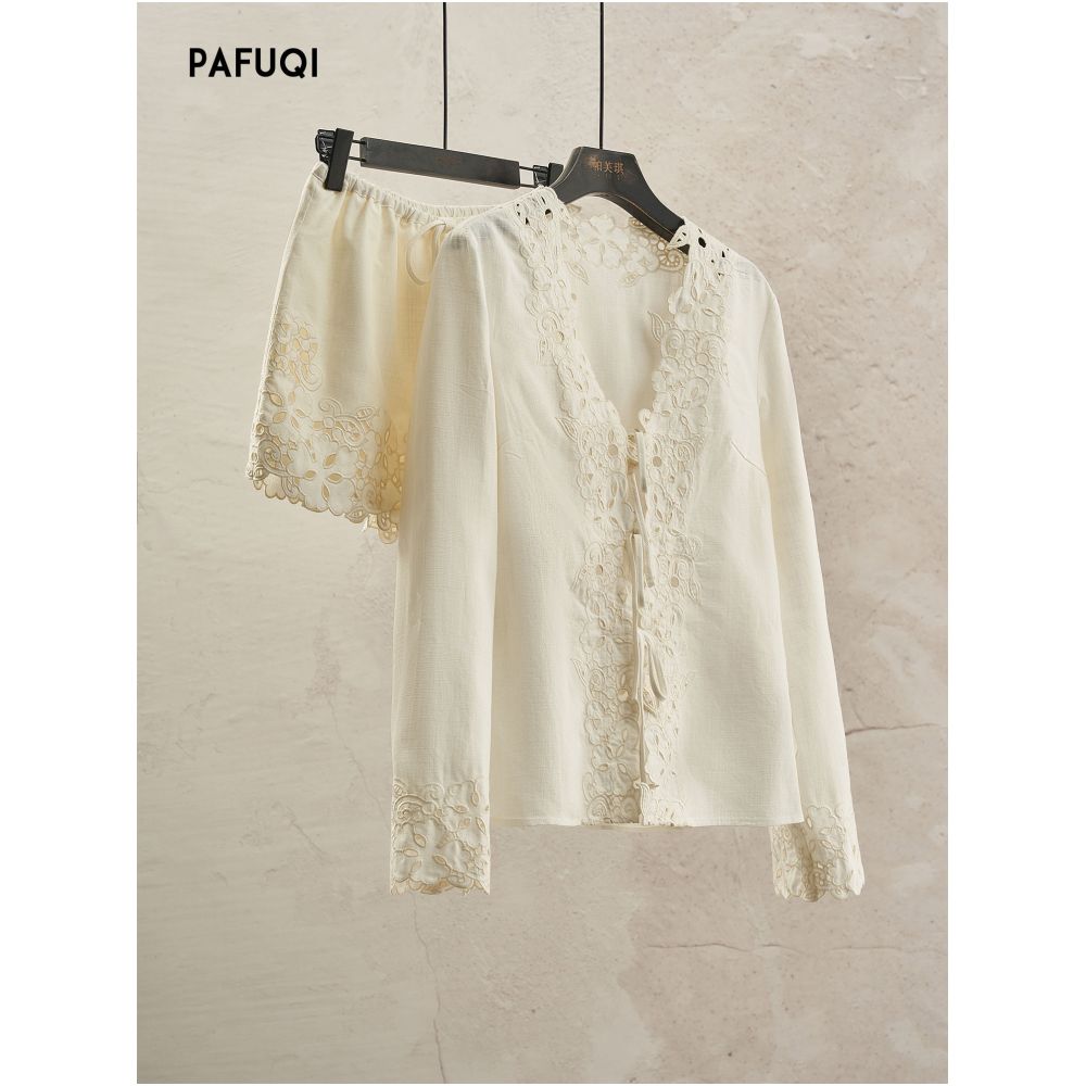 Southern France Retro Hollow out V neck Relaxed Long sleeved Top and Drawstring Shorts Two Piece Set 2026 New Spring Summer Style image 0