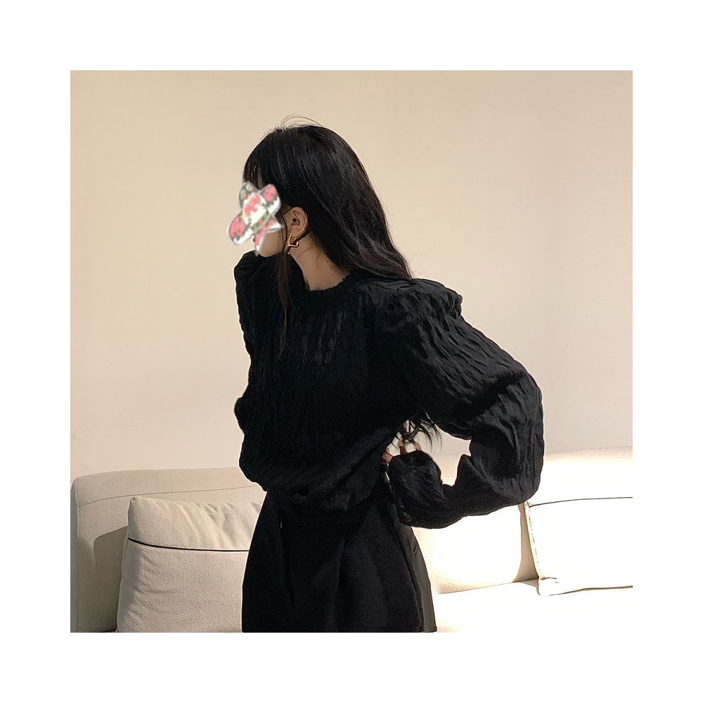ASAYA7247 – Midnight Crinkle Elegance Blouse 🖤✨