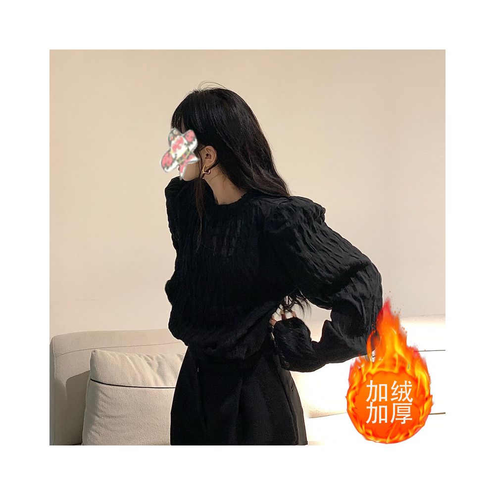ASAYA7247 – Midnight Crinkle Elegance Blouse 🖤✨
