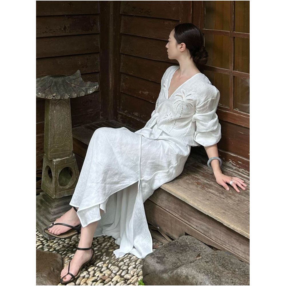 Cool and Zen inspired V neck linen top for women a unique summer design with openwork crochet details paired with a skirt set image 0
