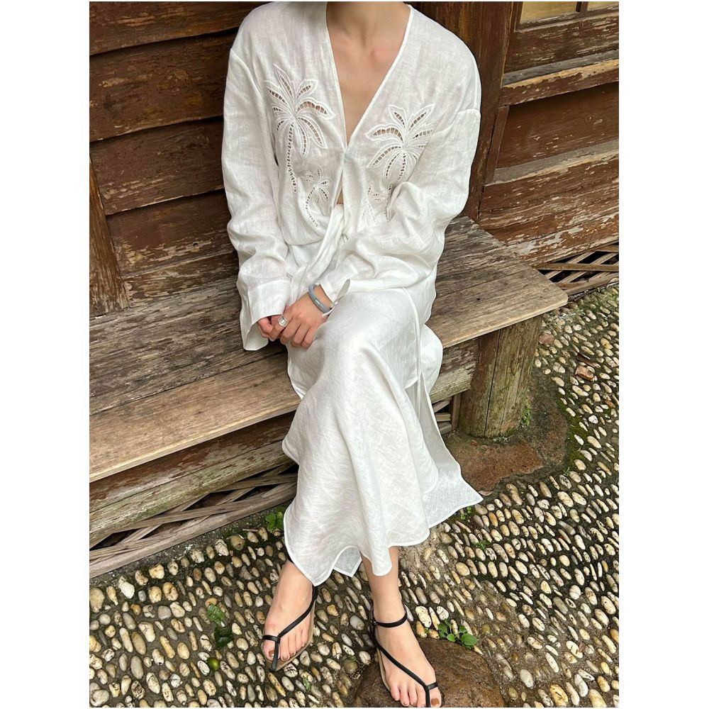 Cool and Zen inspired V neck linen top for women a unique summer design with openwork crochet details paired with a skirt set image 2