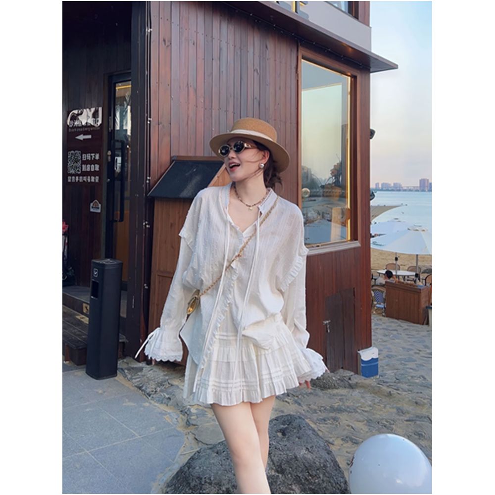 Super cute and alluring two piece set for women autumn fashion lace trimmed bell sleeves ribbon blouse and slimming skirt image 0