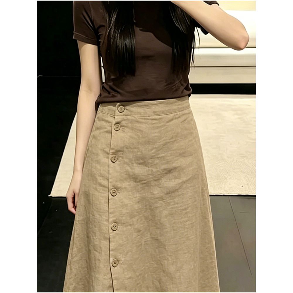Khaki button down linen midi skirt for women 2026 summer trendy new style high end fashionable versatile irregular skirt image 1