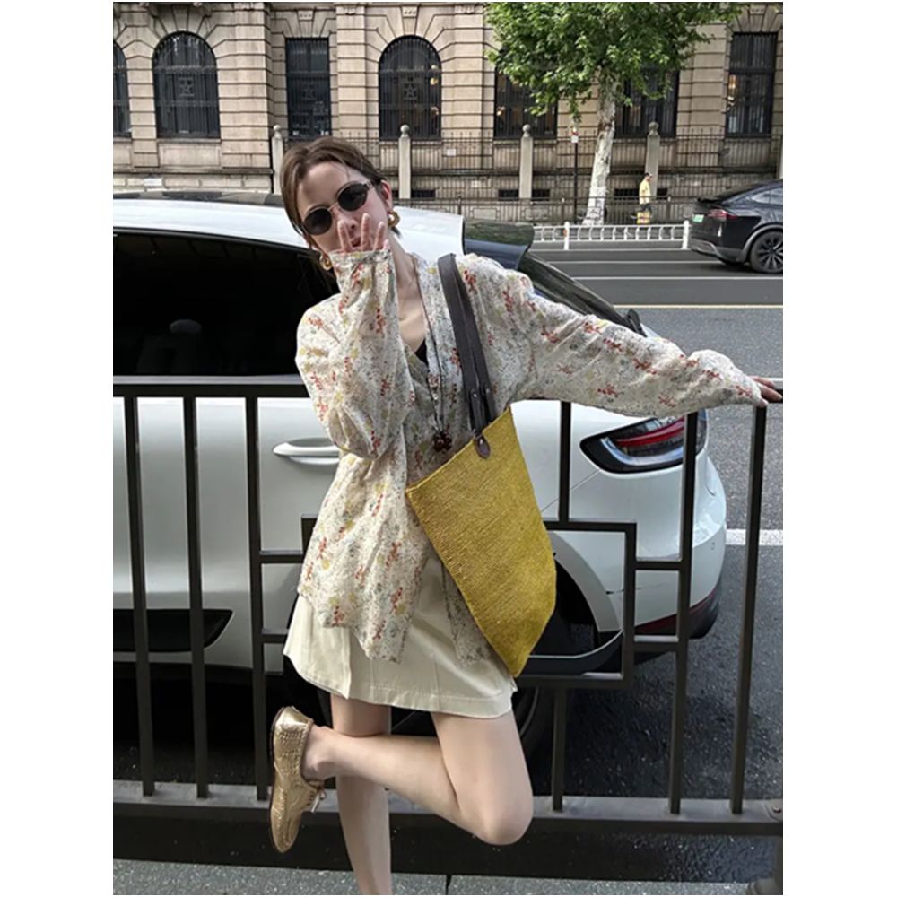 Super cute youthful V neck floral long sleeved shirt for women summer style loose fit slimming thin sun protective top image 1