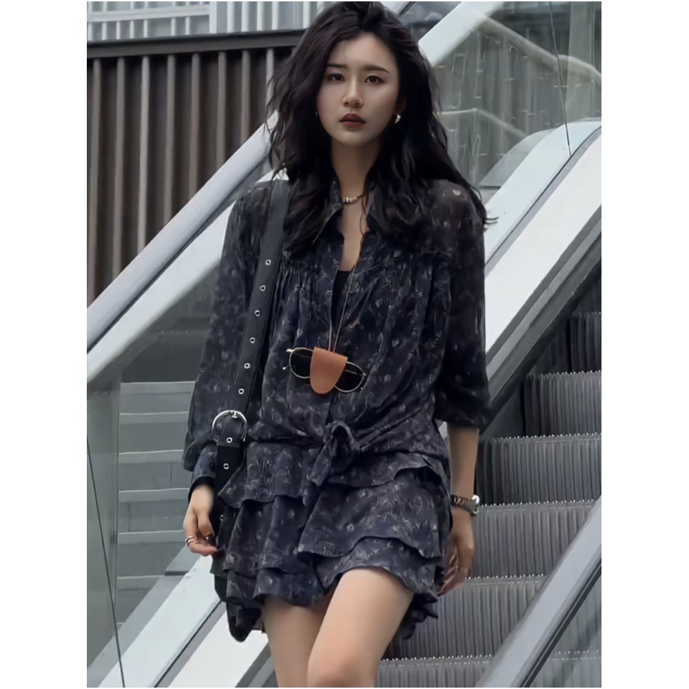 This year s popular trend is a beautiful two piece suit for women featuring a retro chic loose fitting printed sun protective shirt and skirt image 3