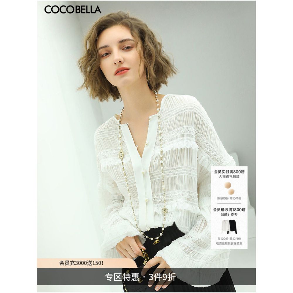 COCOBELLA Fashionable Semi Sheer Three Dimensional Pleated Blouse for Women Elegant Resort Chiffon Shirt LC500 image 0