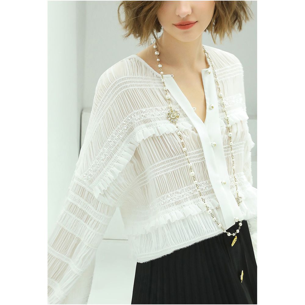 COCOBELLA Fashionable Semi Sheer Three Dimensional Pleated Blouse for Women Elegant Resort Chiffon Shirt LC500 image 2
