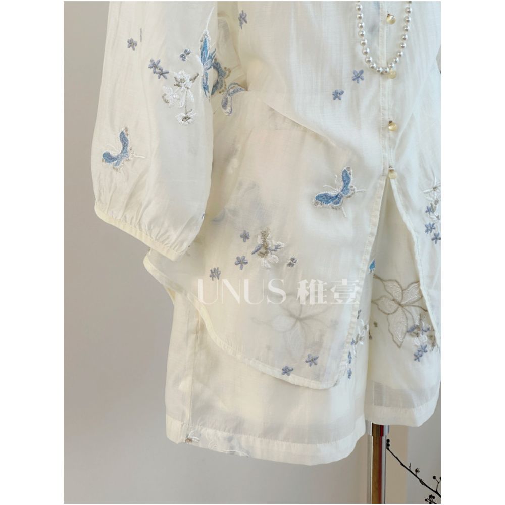 UNUS Childhood One Tencel Embroidered Shorts Two Piece Set New Chinese Style Summer New V Neck Jacquard Breathable Fashion image 2