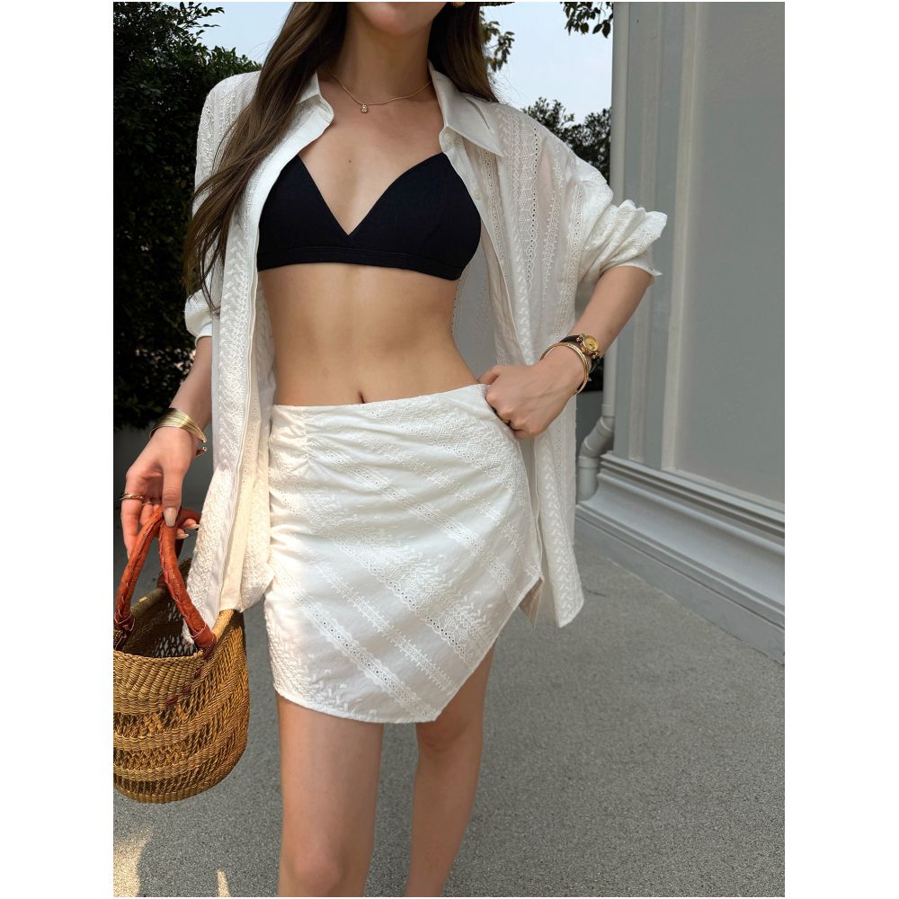 NEVA HU Customized Style Relaxed Fit Hollow Out Embroidered Long Sleeved Shirt and High Waisted Skirt Set image 3