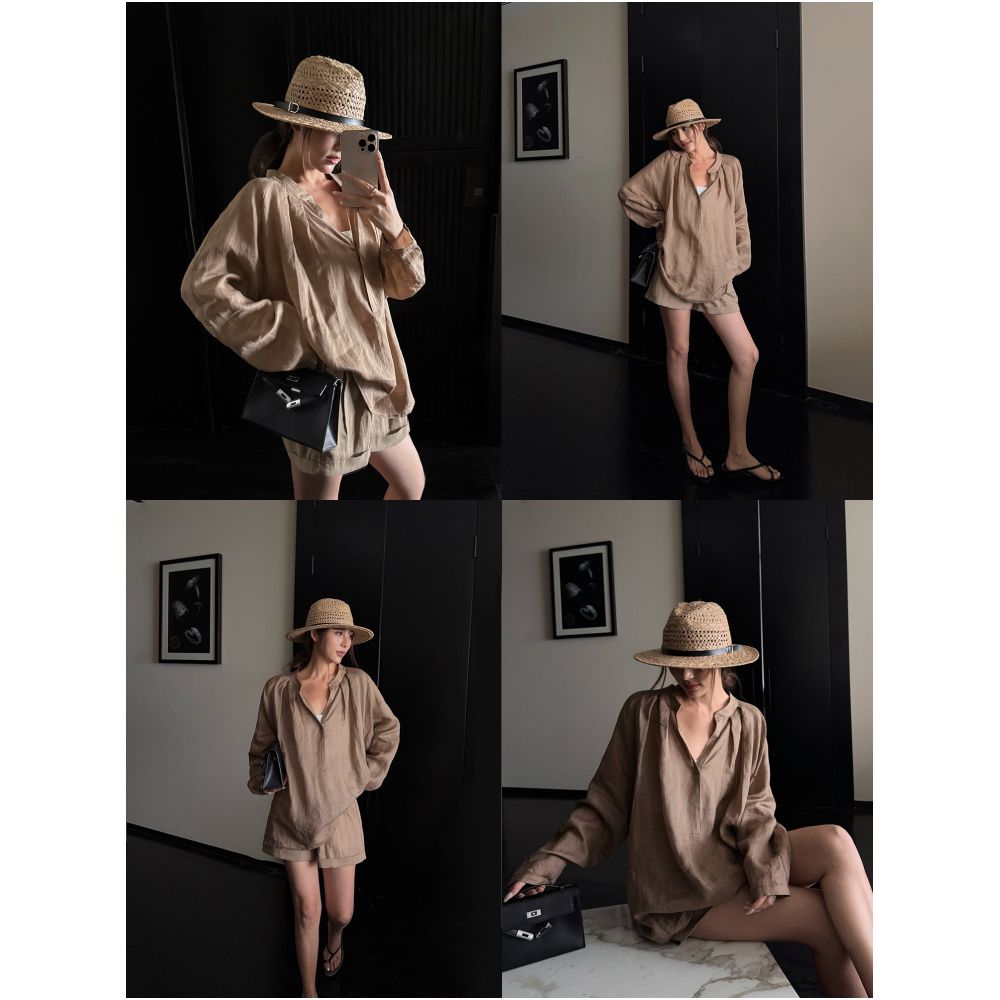 NEVA HU Old Money Style Ramie Long Sleeve Shirt Women s Summer Thin Loose V Neck Sun Protection Shirt Top and Shorts Set image 3