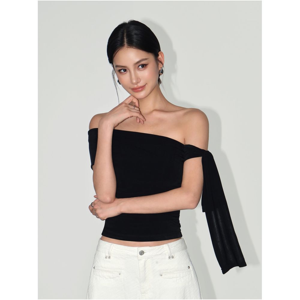 NEVA HU Balmont Night Banquet Asymmetrical Short Sleeve T Shirt for Women Unique Design Off Shoulder Acetate Top image 2