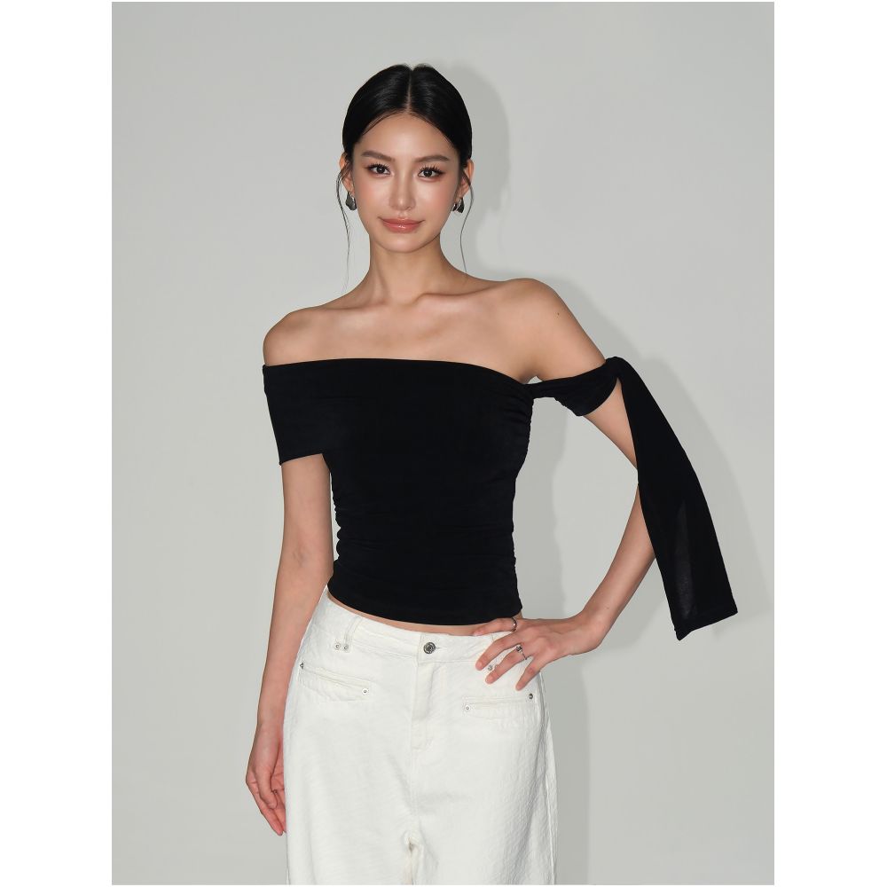 NEVA HU Balmont Night Banquet Asymmetrical Short Sleeve T Shirt for Women Unique Design Off Shoulder Acetate Top image 3