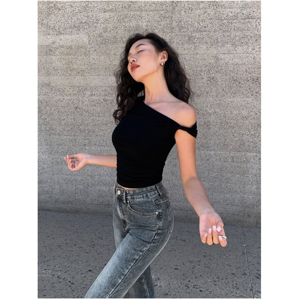 NEVA HU Black Off Shoulder T Shirt for Women New Summer Style Slim Fit Short Off Shoulder Top image 1