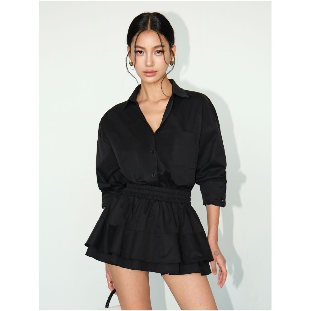 NEVA HU Black French Style Long Sleeve Shirt Dress Short Design Slim Fit Flattering for Petite Women image 0
