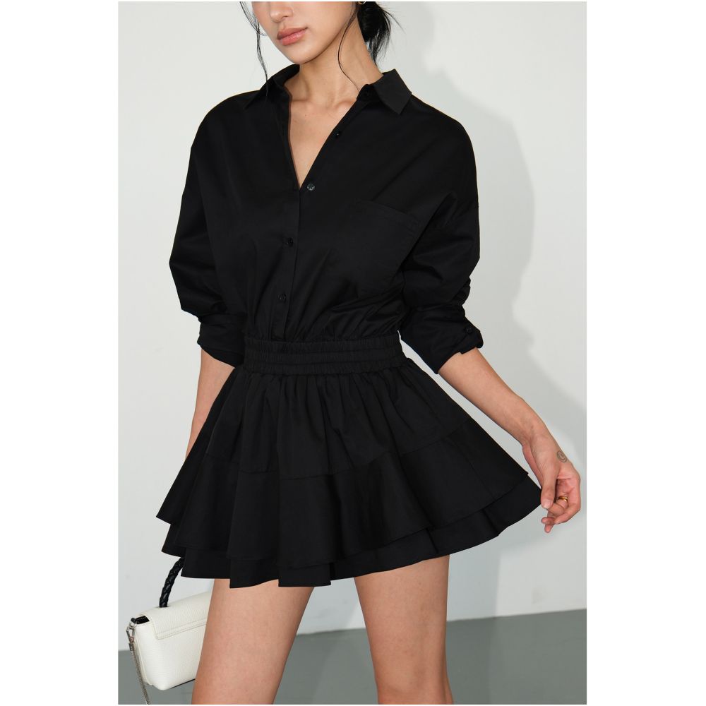 ASAYA7280 – Midnight Ruffle Shirt Dress 🖤✨