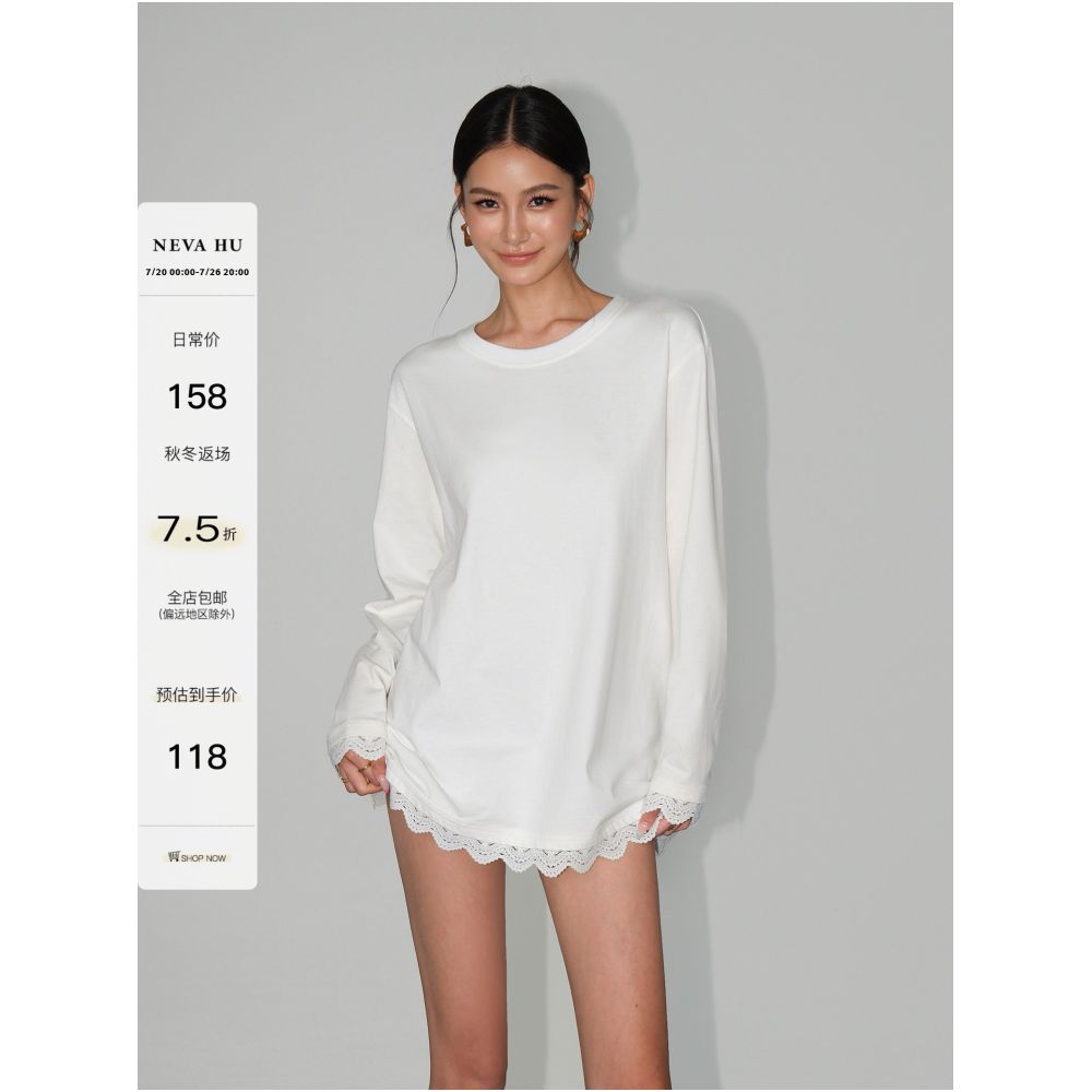NEVA HU Sweet and Salty Round Neck Patchwork Lace Long Sleeve T Shirt Women s Loose Casual Korean Style Top image 0
