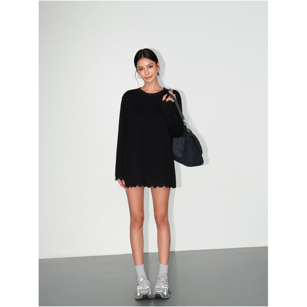 NEVA HU Sweet and Salty Round Neck Patchwork Lace Long Sleeve T Shirt Women s Loose Casual Korean Style Top image 3