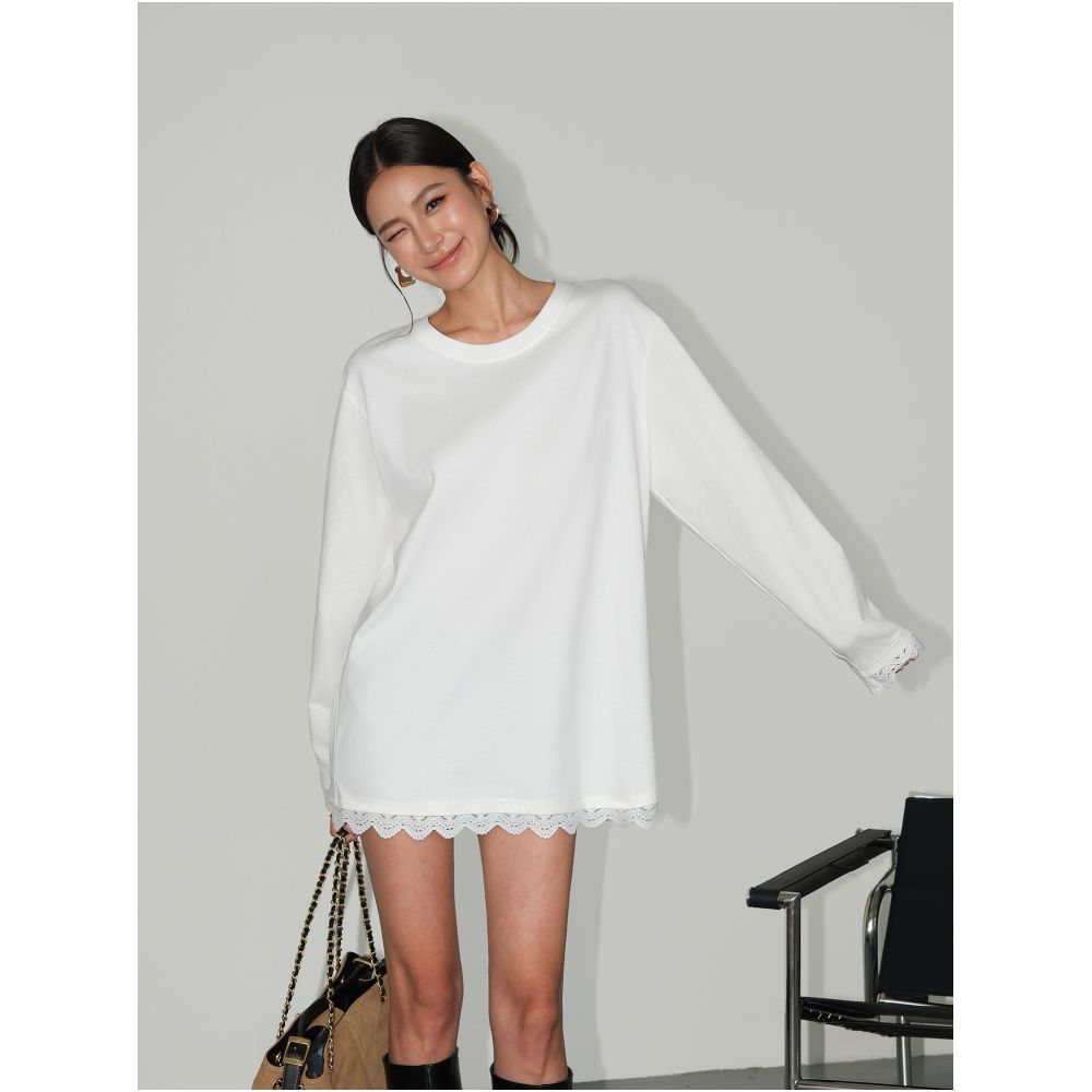 NEVA HU Sweet and Salty Round Neck Patchwork Lace Long Sleeve T Shirt Women s Loose Casual Korean Style Top image 4
