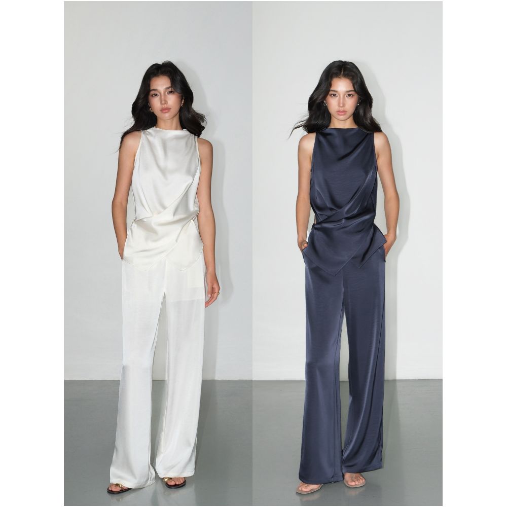 NEVA HU Slow Melody Style Irregular Cross Satin Vest for Women Relaxed Wide Leg Casual Pants Set image 0