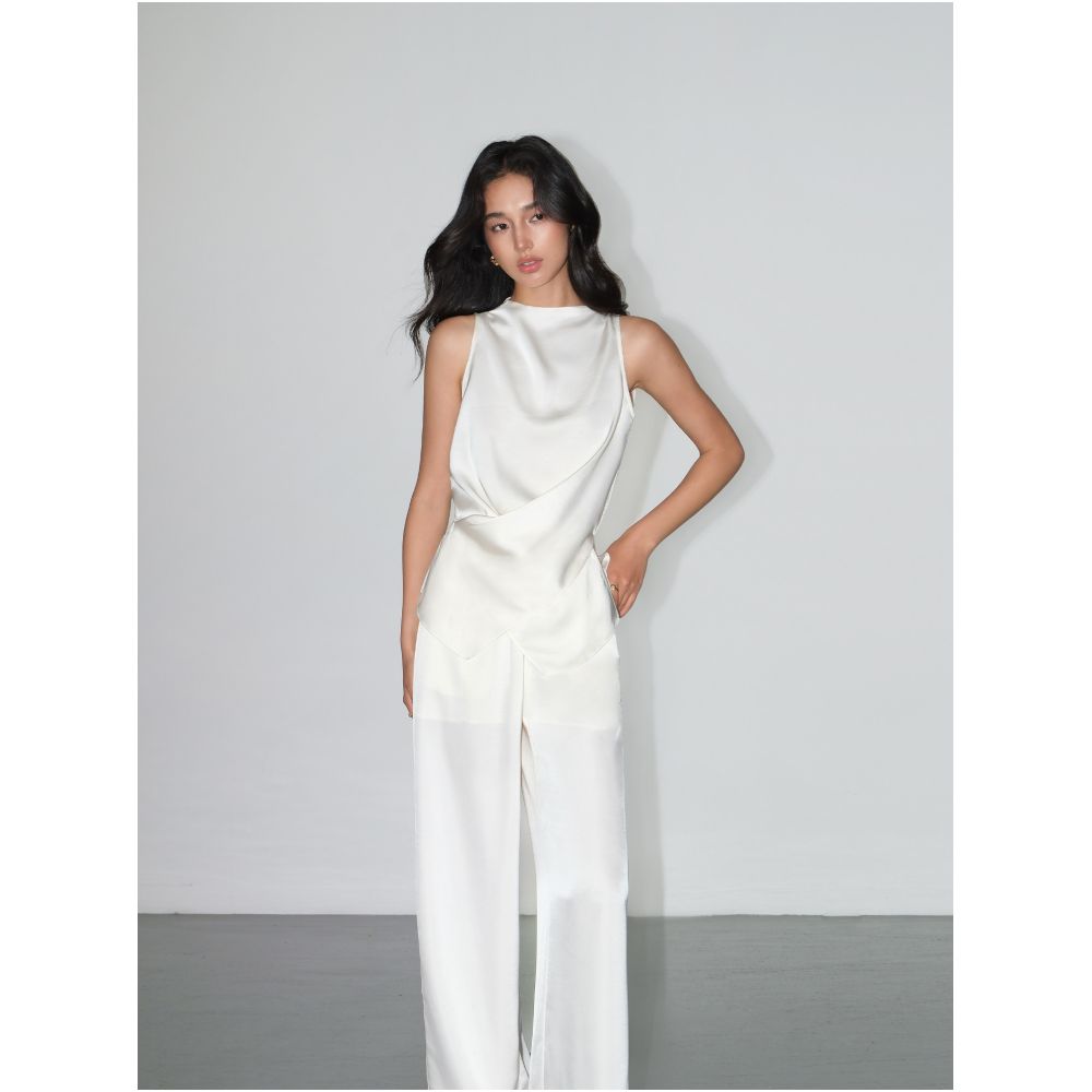NEVA HU Slow Melody Style Irregular Cross Satin Vest for Women Relaxed Wide Leg Casual Pants Set image 1