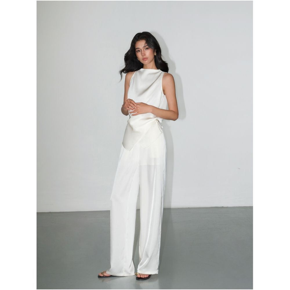 NEVA HU Slow Melody Style Irregular Cross Satin Vest for Women Relaxed Wide Leg Casual Pants Set image 4