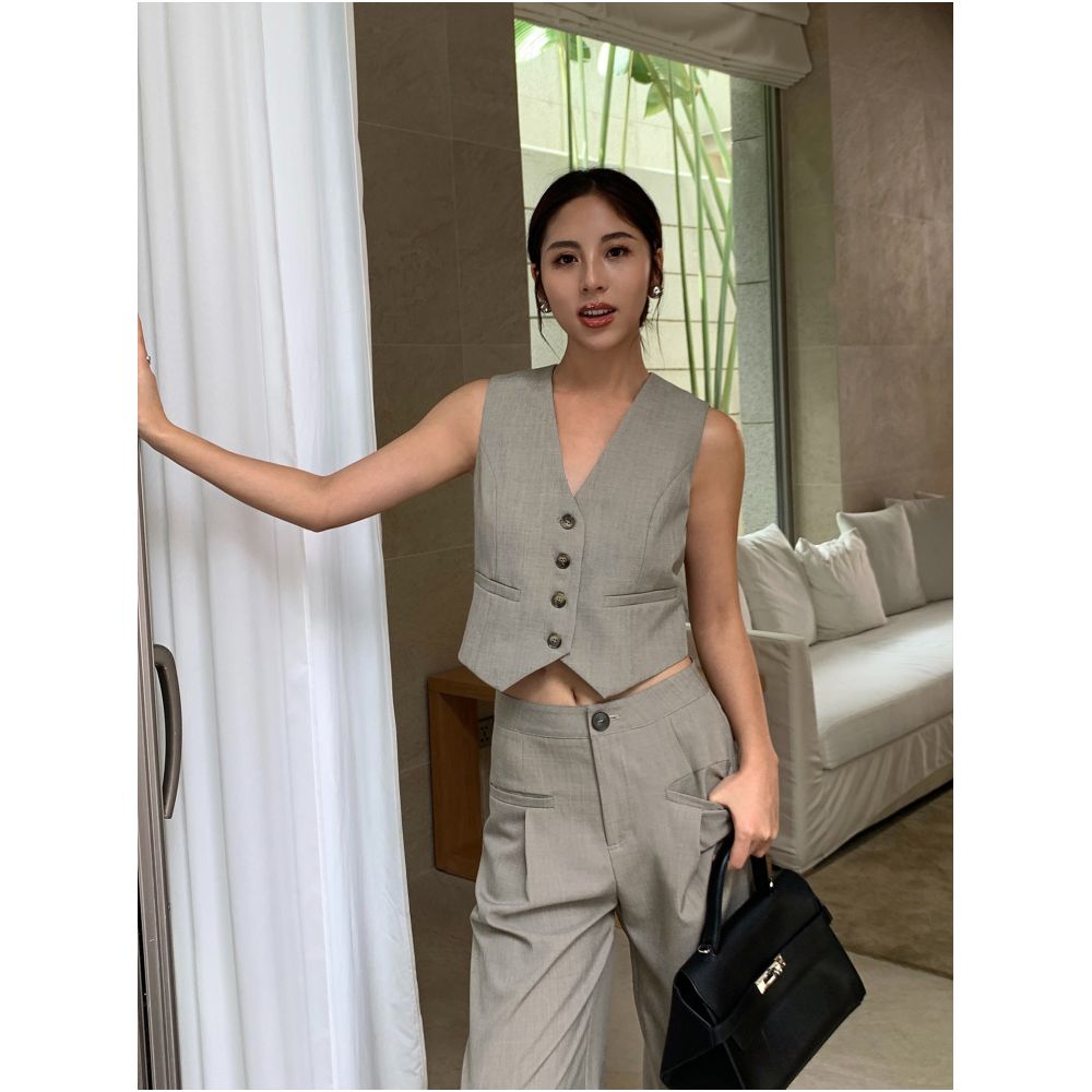 NEVA HU Black V neck Short Suit Vest Jacket Women s New Korean Style Sleeveless Mid length Vest Top image 2
