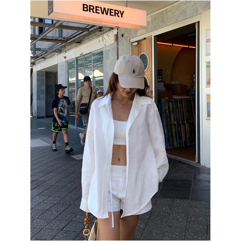 NEVA HU Ramie Shirt Set for Women Relaxed and Loose fitting Long sleeved Shirt Wide leg Shorts Casual Pants image 0