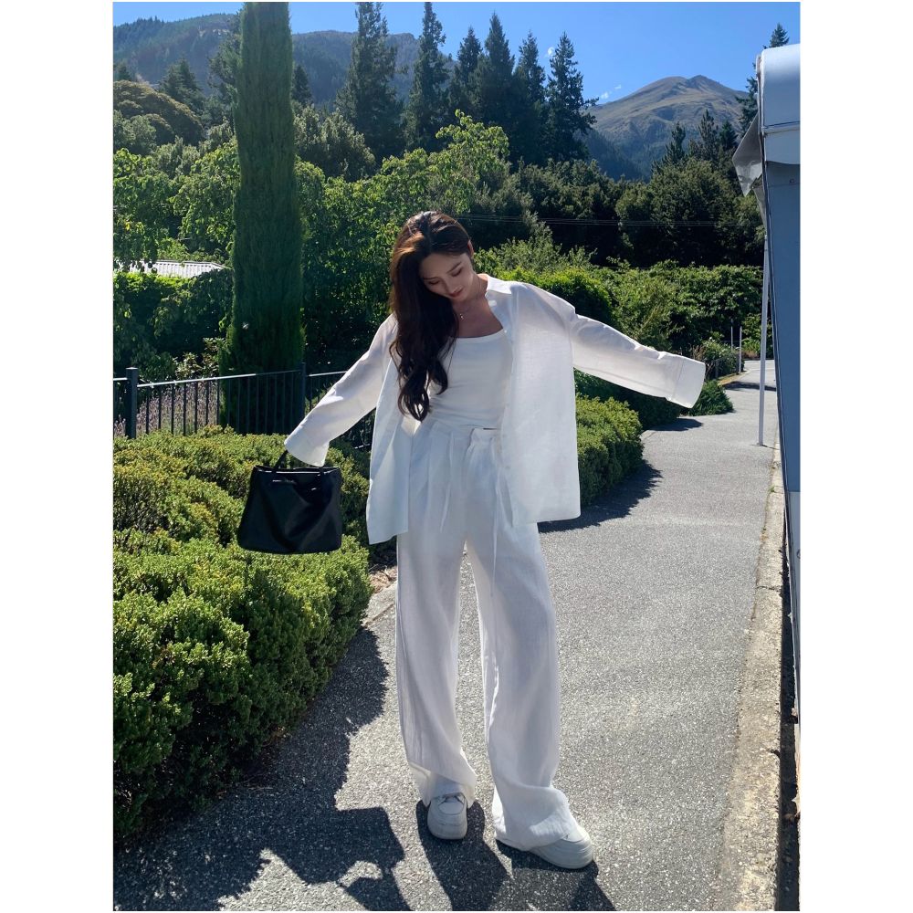 NEVA HU Ramie Shirt Set for Women Relaxed and Loose fitting Long sleeved Shirt Wide leg Shorts Casual Pants