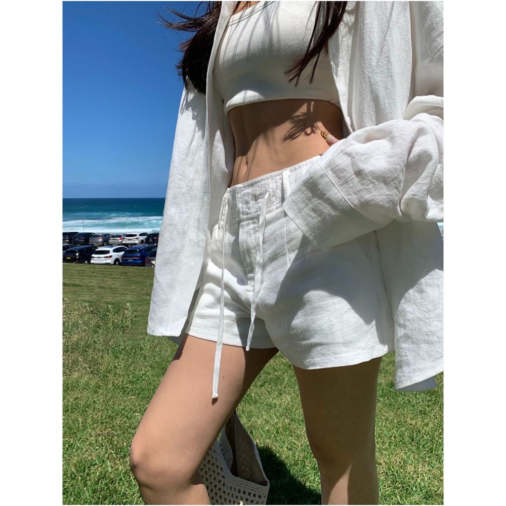 NEVA HU Ramie Shirt Set for Women Relaxed and Loose fitting Long sleeved Shirt Wide leg Shorts Casual Pants
