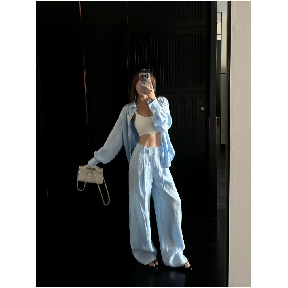 NEVA HU Ramie Shirt Set for Women Relaxed and Loose fitting Long sleeved Shirt Wide leg Shorts Casual Pants