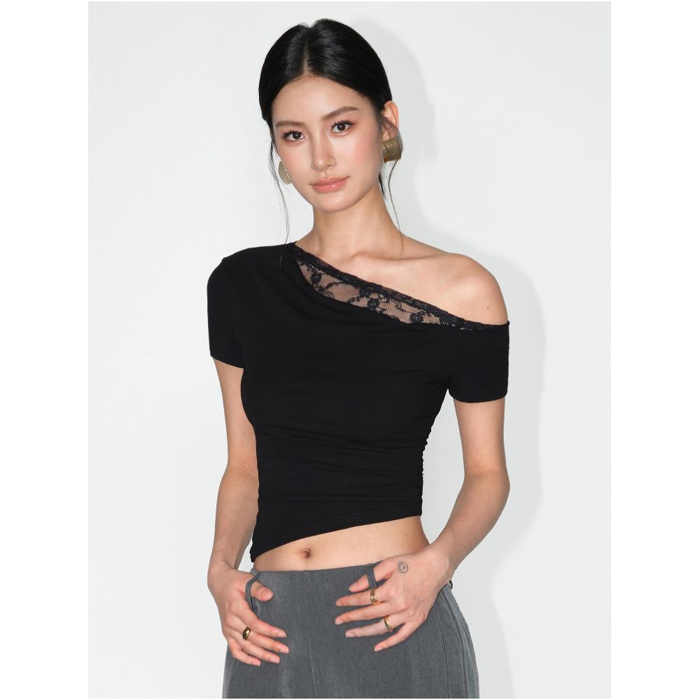 NEVA HU Asymmetrical Neck Off Shoulder Lace Trimmed Short Sleeve T Shirt for Women Slim Fit Elegant Design Unique Style Swing Neck Top image 3