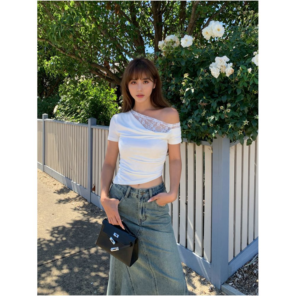 NEVA HU Asymmetrical Neck Off Shoulder Lace Trimmed Short Sleeve T Shirt for Women Slim Fit Elegant Design Unique Style Swing Neck Top image 4