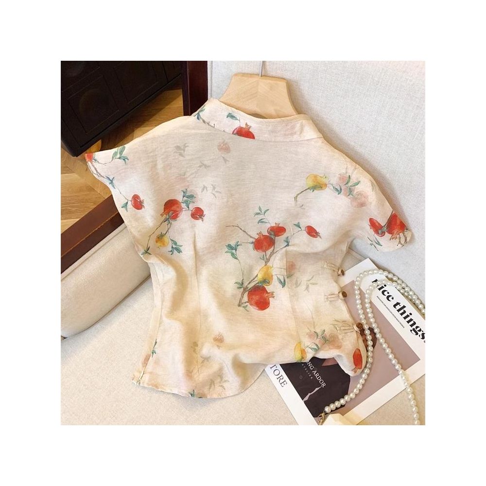 Women s New Chinese Style Linen Floral Print Shirt with Label Removed from Store Summer 2026 Traditional Chinese Style with Frog Buttons and Cheongsam Collar image 4
