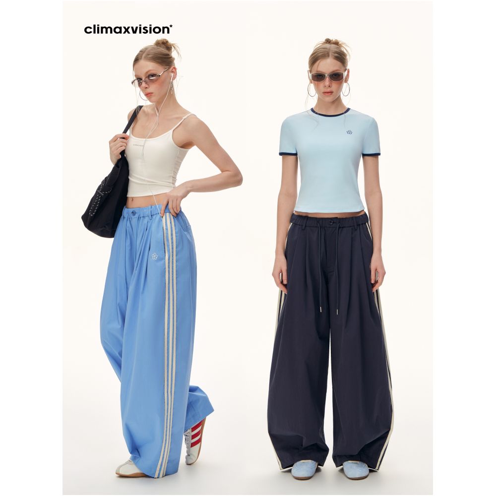 CLIMAX VISION Women s Wide Leg Balloon Pants with Floral Embroidery and Side Stripes Loose Fit and Casual Wear image 0