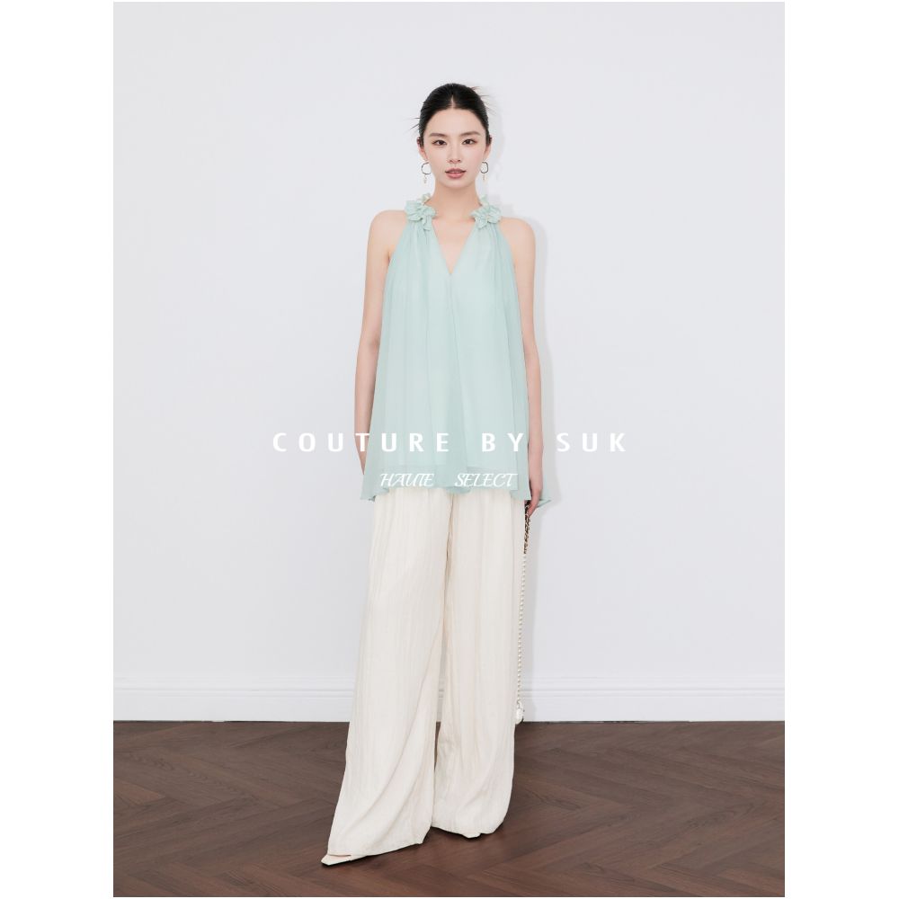 SUK Mint Shimmer French style ruffled V neck loose fitting slimming vest for women unique and beautiful halter neck top image 0