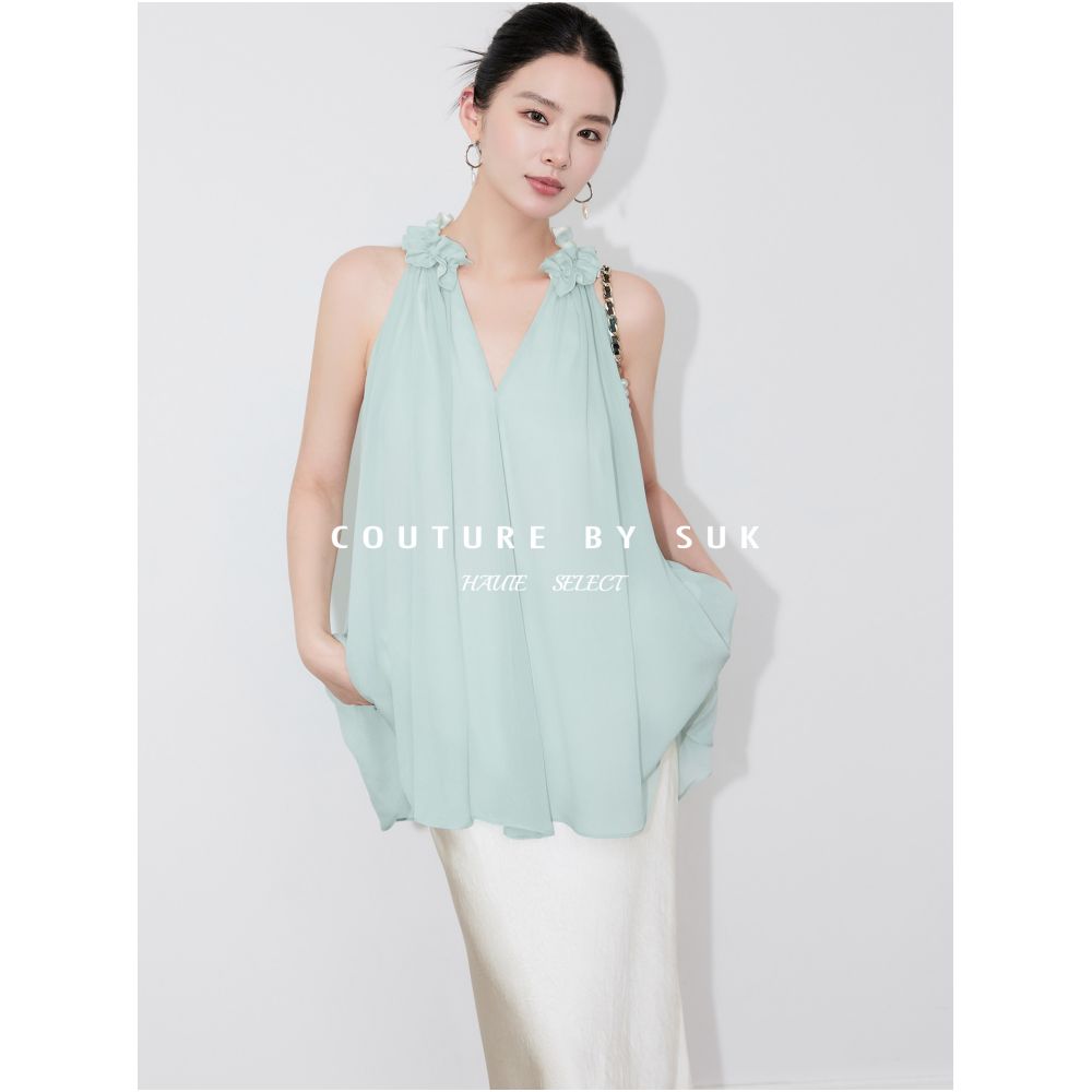 SUK Mint Shimmer French style ruffled V neck loose fitting slimming vest for women unique and beautiful halter neck top image 3