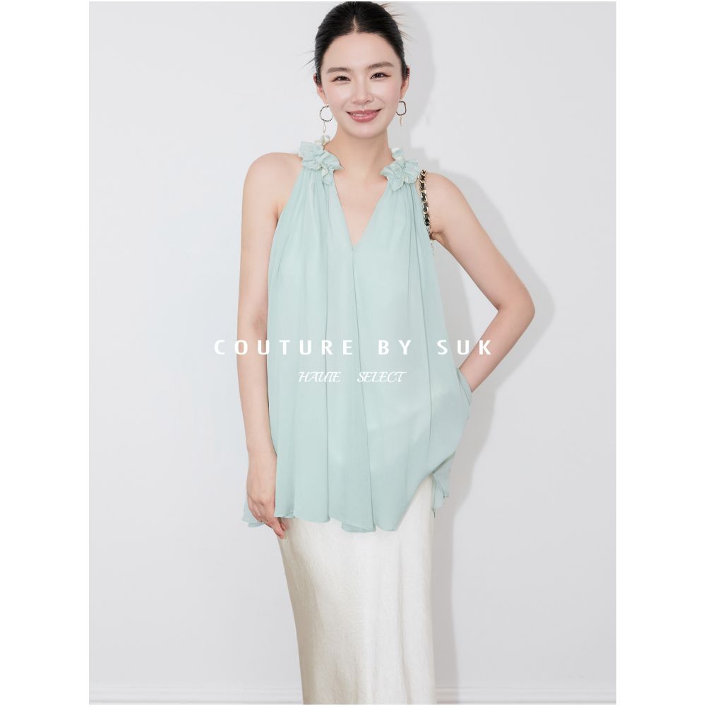SUK Mint Shimmer French style ruffled V neck loose fitting slimming vest for women unique and beautiful halter neck top image 4