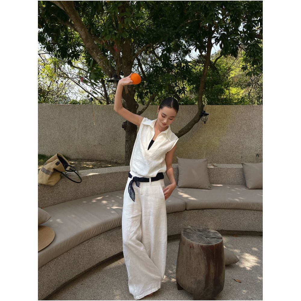 PURITYYH Niche Minimalist White Elegant Casual Linen Pants Wide Leg Versatile High Waist Straight Leg Women s Pants image 2