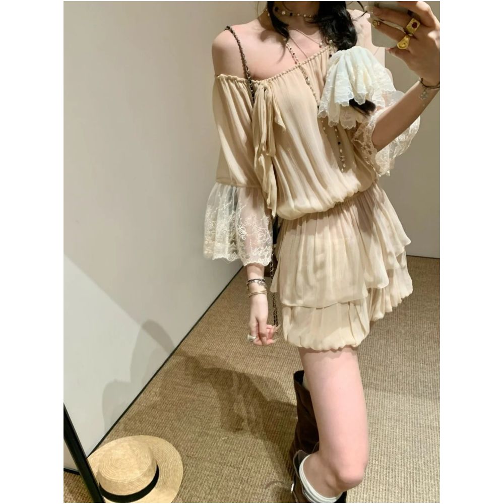 WINNI CELH26 Summer Silk Lace Off Shoulder Aloved Short Sleeve Top Shorts and Skirt Set image 3