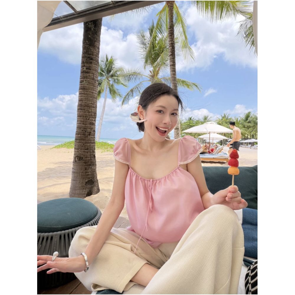 WINNI CELH26 Summer Silk French Camisole Pink Off the Shoulder Short Sleeve Top with Lace Trim A Line Loose Fit image 1