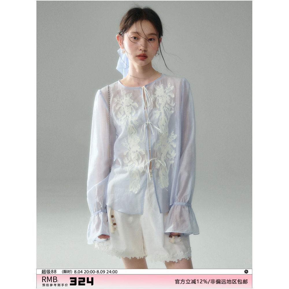 Uare original design summer embroidered vine light and sheer Tencel linen lace appliqu tie up long sleeved shirt image 0