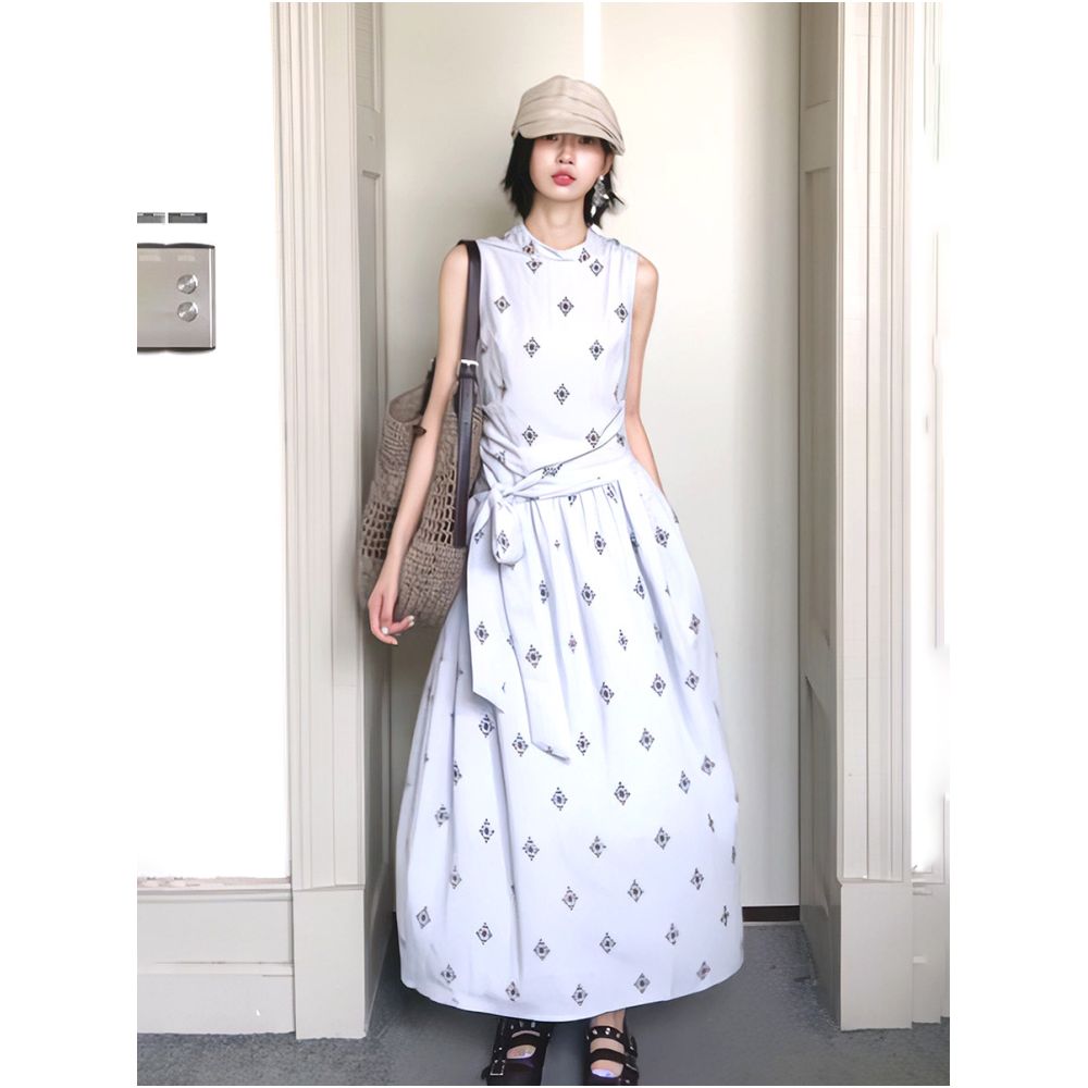 French style sleeveless printed mid waist tie waist A line dress for women slimming and elegant image 2