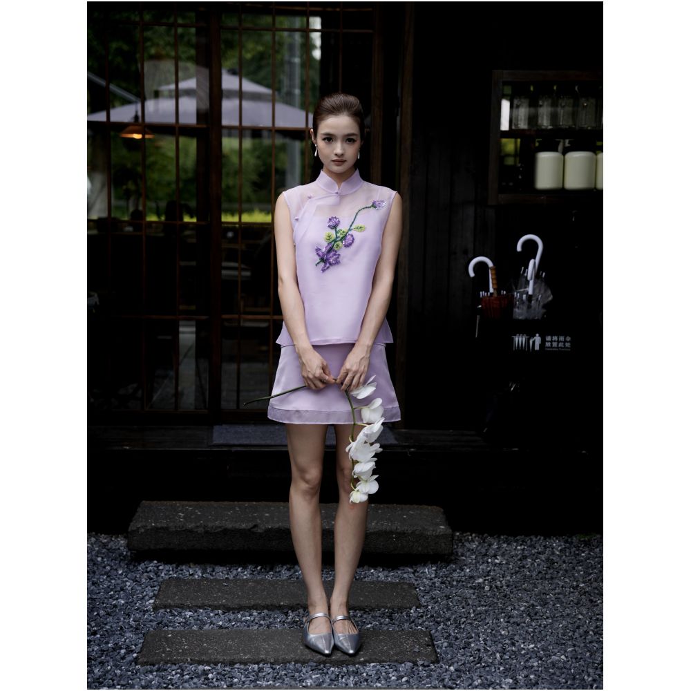 Purple organza new Chinese style heavy duty three dimensional embroidered vest top and skirt set Chinese style thin summer image 3