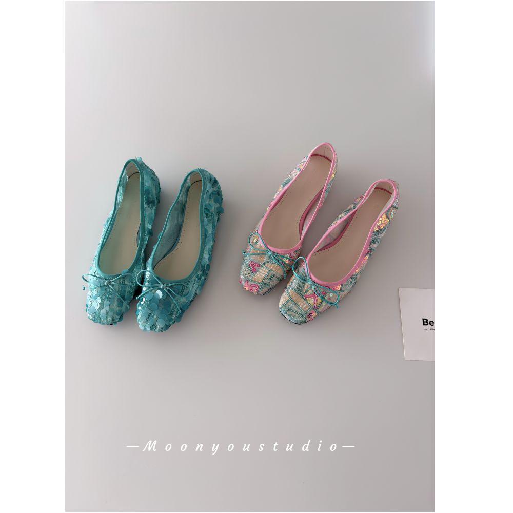 Moonyou handcrafted heavy sequin embroidered bow square toe ballet flats for women elegant and slimming image 0