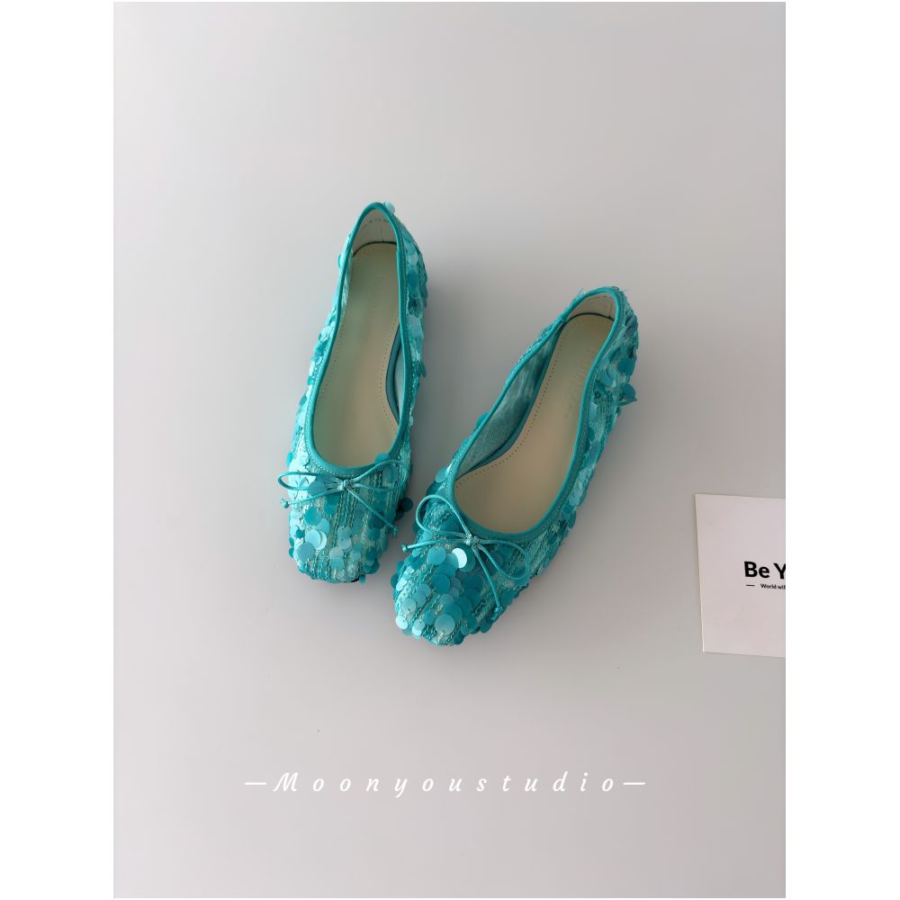 Moonyou handcrafted heavy sequin embroidered bow square toe ballet flats for women elegant and slimming image 1