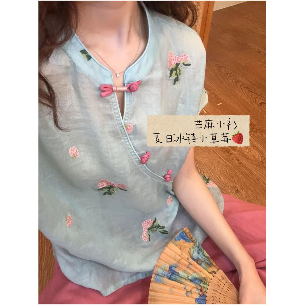 STUDIO Jinxi Iced Strawberry Blue Heavy Embroidery Button Down Ramie Shirt for Women New Chinese Style Blouse image 3