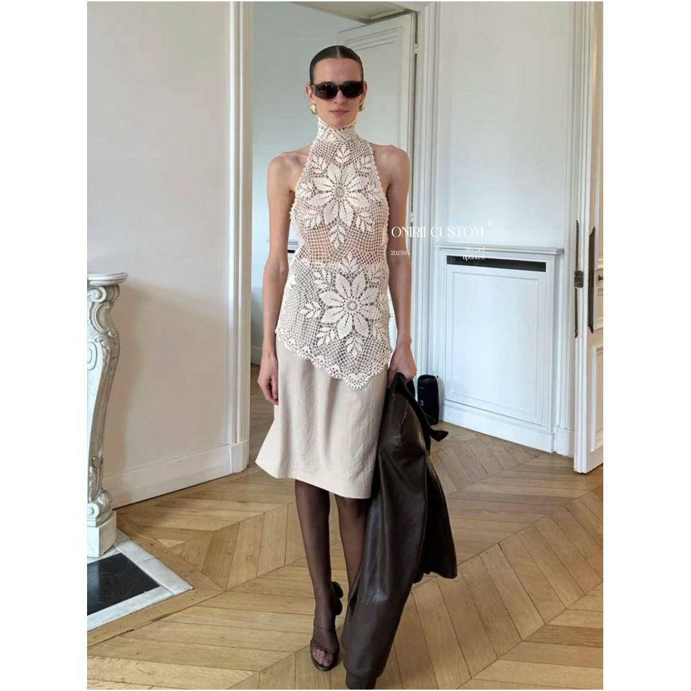 ONIRII 7 24 Correct Version Magda Handmade Flower Crochet Hollow Knit High Neck Vest Two Piece Set image 0