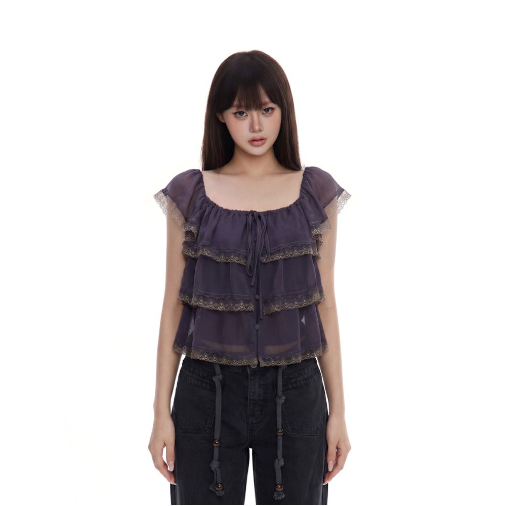 WITHMIN Ruffled Lace Tie up Square Neck Camisole for Women 2026 Summer New Layered Top image 1