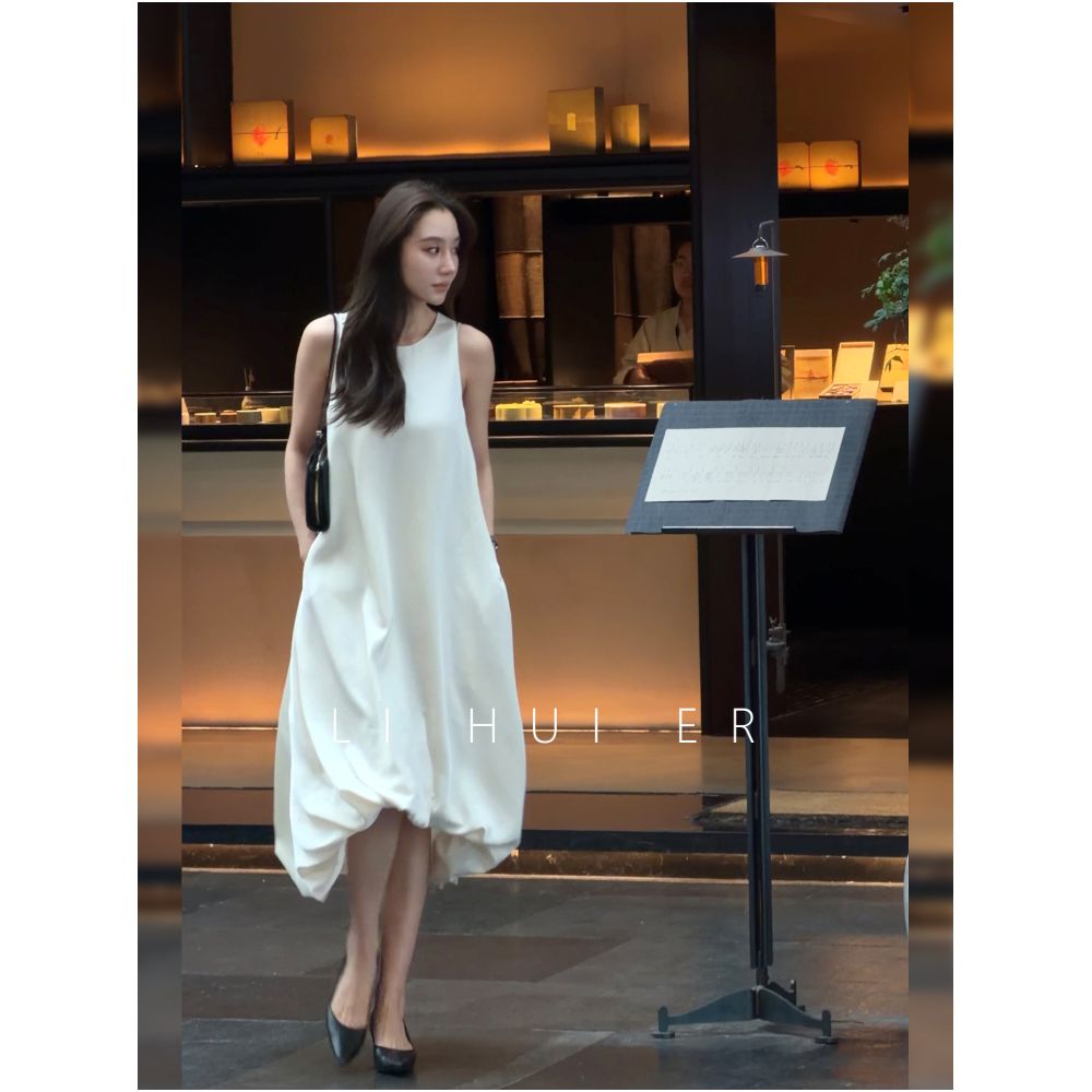 LiHuiEr Li Huier Tingyun Summer Style Round Neck White Tulip Dress Women s Sleeveless Vest Dress image 0