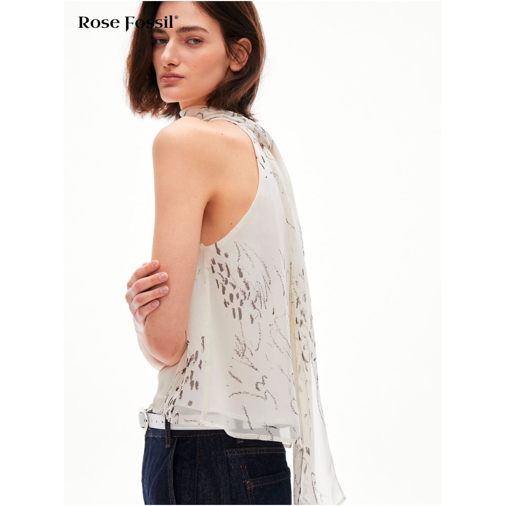 RoseFossil Hand Painted Tulle Print Summer Commuter Halter Neck Top Elegant and Sophisticated Tie Waist Sleeveless Vest image 1